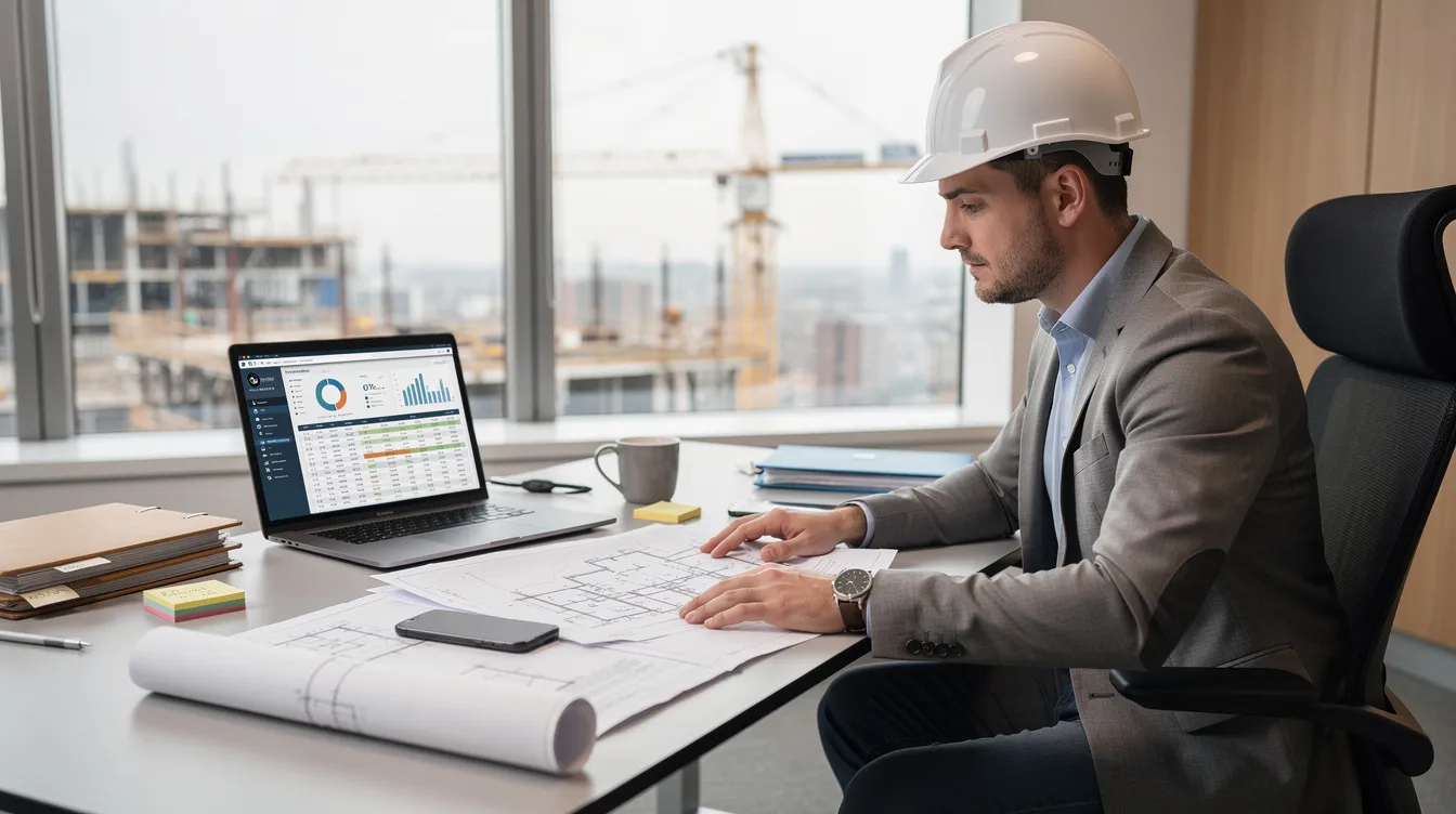 A construction project manager is seated at a modern office desk, intently reviewing plans and data on a laptop. The scene reflects a professional environment in the construction industry, highlighting the importance of effective planning and management for successful construction projects and business growth.