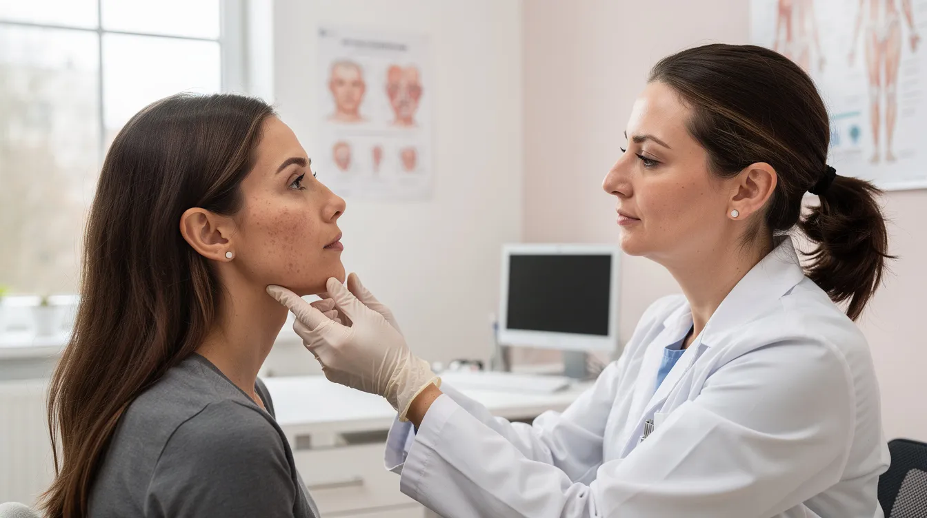 The image depicts a medical consultation setting where a healthcare professional is performing a facial assessment on a patient. The focus is on discussing procedures like chin lipo and submental liposuction to remove accumulated fat and enhance facial contour, ensuring satisfactory results for the patient.
