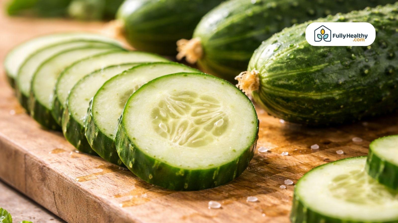 Close up cucumber slices showing seeds and texture on wooden cutting board