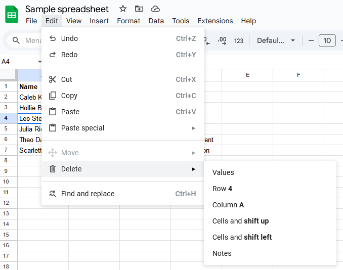 A screenshot of Google Sheets with the Delete menu open.