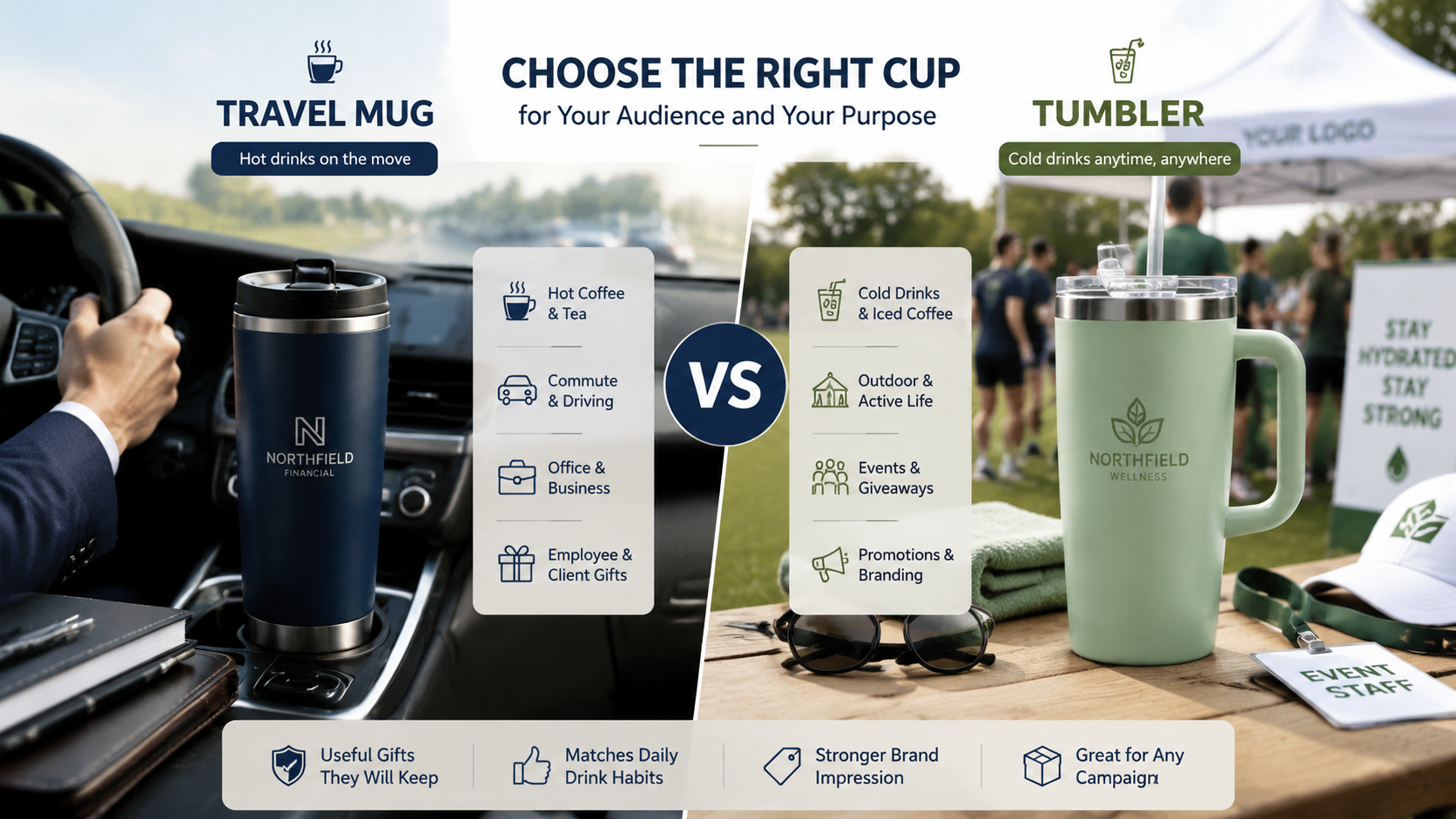 Tumbler vs. travel mug comparison for hot drinks on the move and cold drinks at desks, events, and outdoor activities