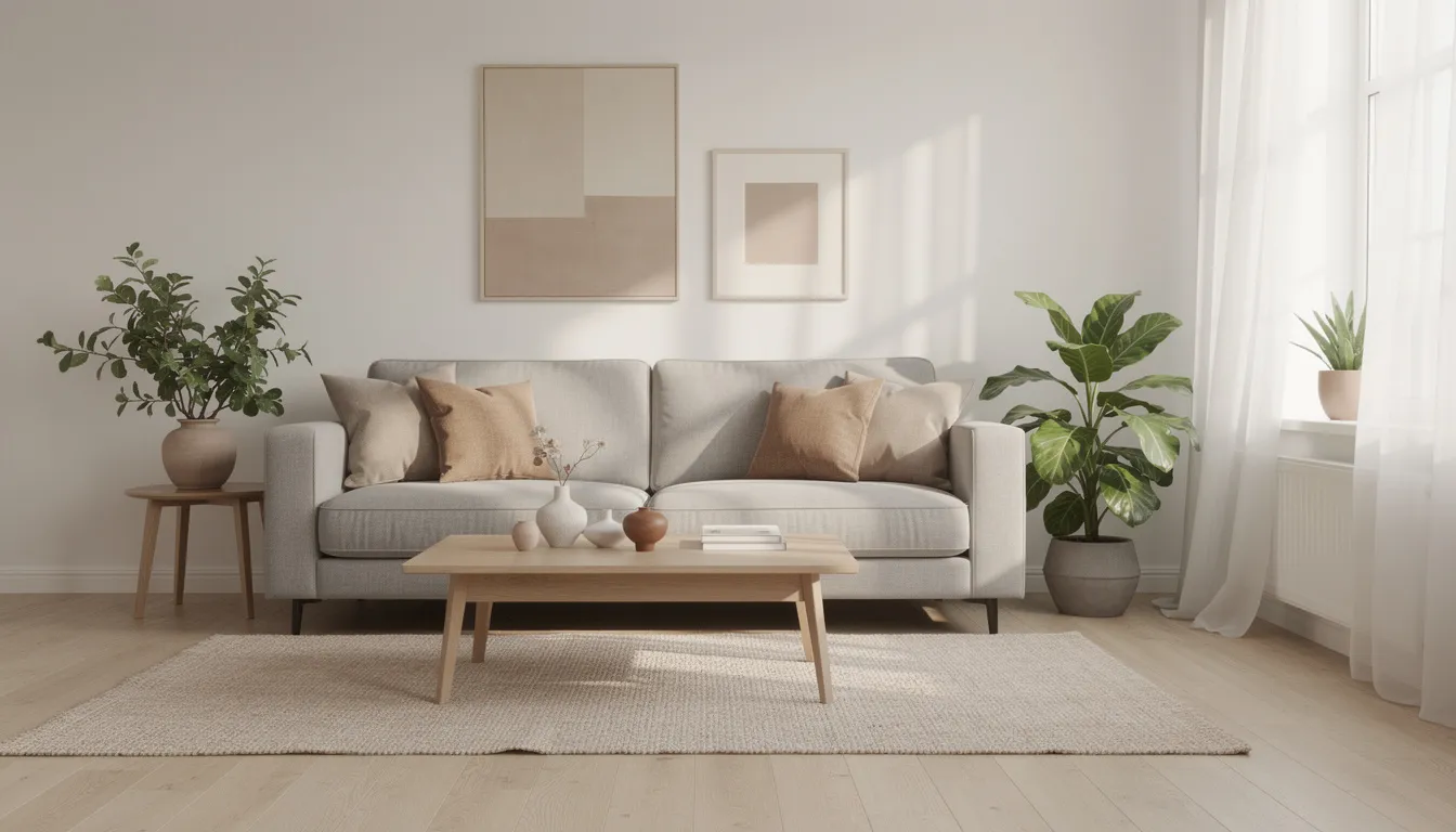 Ett harmoniskt vardagsrum med naturligt ljus, där koordinerade färger och vackra inredningsdetaljer skapar en stilren atmosfär. Rummet är fyllt med mjuk belysning och personliga detaljer som gör hemmet unikt.