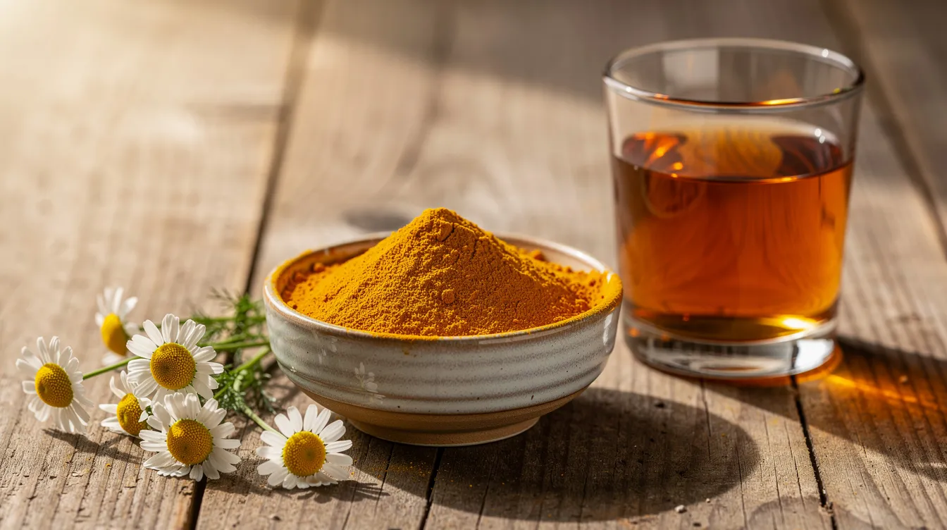 Auf einem Holztisch liegt eine Schale mit goldenem Kurkumapulver, umgeben von frischen Kamillenblüten und einem Glas Apfelessig. Diese natürlichen Zutaten können als Hausmittel bei Beschwerden wie einer Schleimbeutelentzündung am Ellenbogen hilfreich sein.