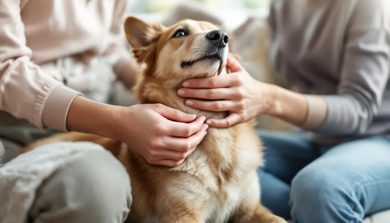 An owner is gently examining their dog