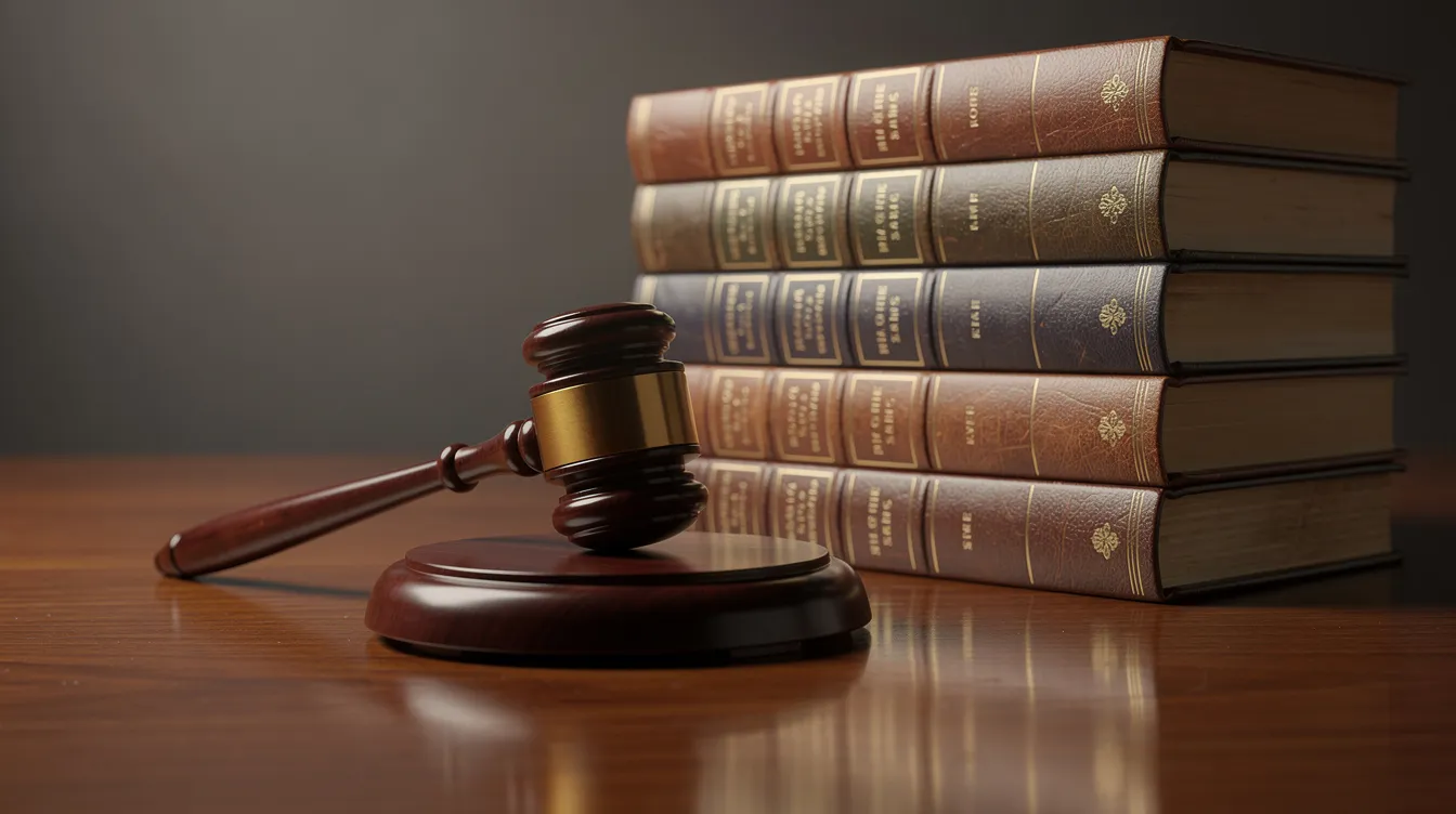The image features a gavel resting on a polished wooden surface, accompanied by a stack of bound legal volumes, symbolizing the importance of appellate law in both state and federal courts. This setup reflects the role of appellate attorneys and judges in reviewing decisions from lower courts, emphasizing the significance of oral advocacy and legal arguments in the appellate process.
