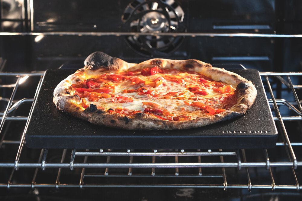 pizza on pizza steel on oven rack