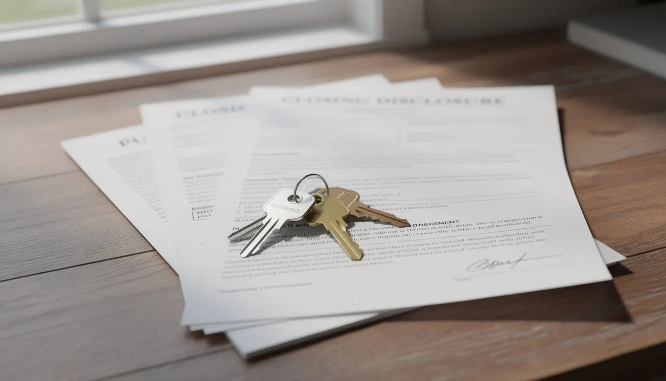 Best Pennsylvania Home Buyers The image shows a set of house keys resting on top of closing documents on a wooden table, symbolizing the final steps in the home buying process. This scene represents the moment cash buyers finalize their purchase agreement, marking the transition to new homeowners in Philadelphia or elsewhere.