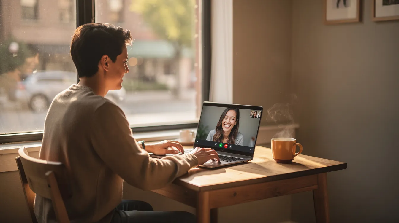 A person is sitting by a window, engaged in a video call on their laptop while enjoying a cup of coffee nearby. This scene captures a moment of connection, possibly during the talking stage of a relationship, where two people are getting to know each other better through conversation.