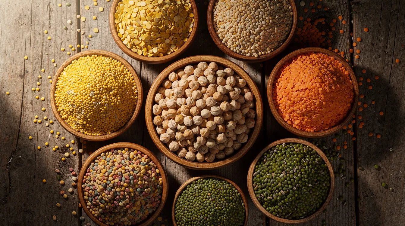 The image shows a collection of dried pulses, including yellow peas, chickpeas, lentils, and mung beans, beautifully arranged in rustic wooden bowls on a textured surface. These pulse protein sources are essential for plant-based diets, offering a sustainable alternative to animal proteins while providing vital amino acids and nutritional benefits.