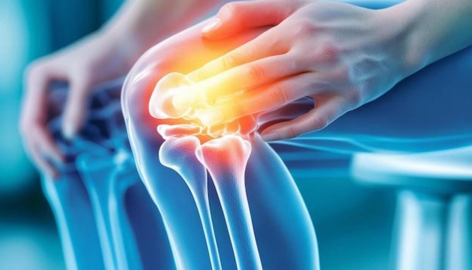 "Illustrasjon av kneledd med smerteområde markert i gult og rødt som viser leddsmerter eller betennelse."