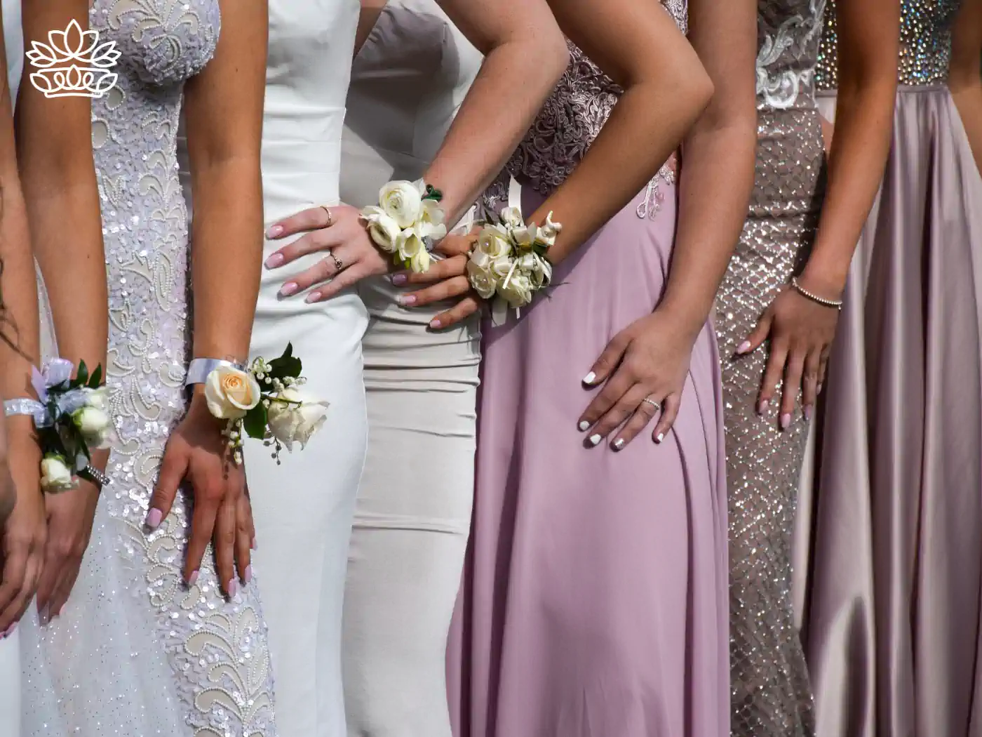 Close-up view of young women at a matric dance, each wearing elegant formal dresses and showcasing delicate wrist corsages with white roses and greenery, symbolizing sophistication and celebration. Fabulous Flowers and Gifts - Matric Dance. Delivered with Heart.
