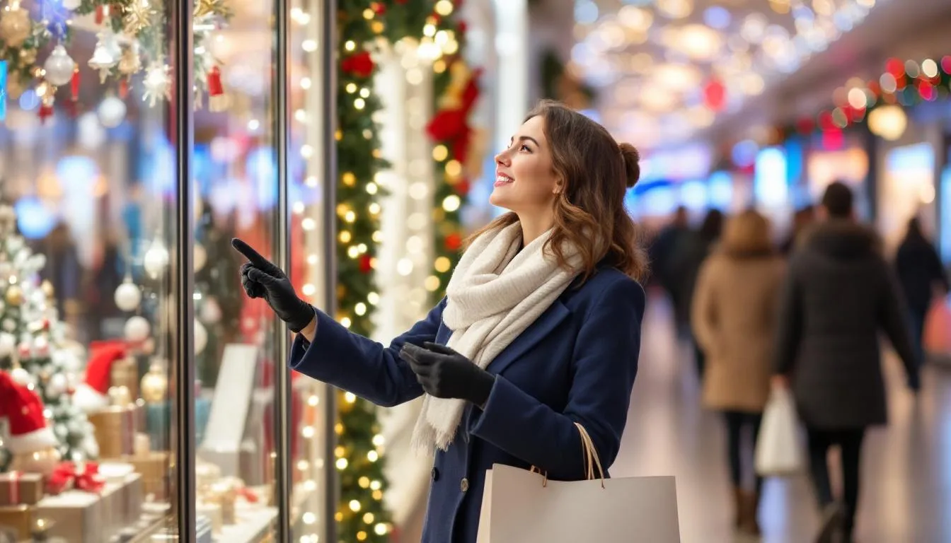 Kobieta robiąca zakupy świąteczne w galerii handlowej przegląda różnorodne prezenty świąteczne, szukając idealnego prezentu dla bliskiej osoby. W tle widać ozdobione choinki i świąteczne dekoracje, które tworzą radosną atmosferę zbliżających się świąt Bożego Narodzenia.