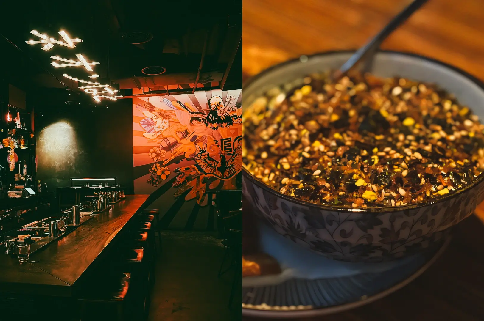 Left: Wide‑angle, eye‑level shot of a modern izakaya bar interior featuring a long wooden counter with bar stools, dim ambient lighting, overhead fixtures, and a large illustrated mural at the back wall, creating a moody nightlife setting. Right: Close‑up, three‑quarter angle of a patterned ceramic bowl filled with rice topped with finely chopped garnish and sauce, showing layered textures and glossy highlights under warm, low light.