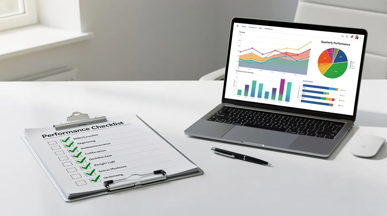 A clipboard with a checklist sits next to a laptop displaying performance charts in a clean office environment, emphasizing the importance of a strong customer education program for improving customer satisfaction and retention. This setup highlights the role of effective customer training in driving business outcomes and enhancing the overall customer experience.