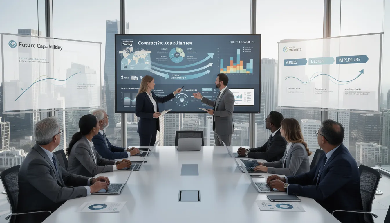 The image depicts a group of leadership development consultants engaged in a collaborative discussion, utilizing data-driven tools to design a leadership development program tailored for senior executives. They focus on enhancing leadership skills, fostering emotional intelligence, and aligning leadership training with the organization's business strategy to drive future success.