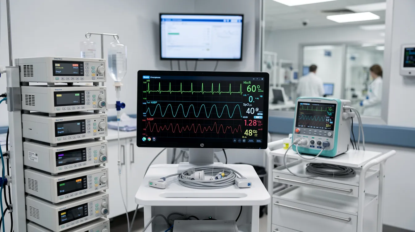 The image depicts advanced medical monitoring equipment typically used in a clinical research setting, showcasing various devices that measure parameters such as blood pressure and glucose levels. This setup supports studies related to aging, including randomized clinical trials exploring glynac supplementation and its effects on oxidative stress and mitochondrial dysfunction in older adults.