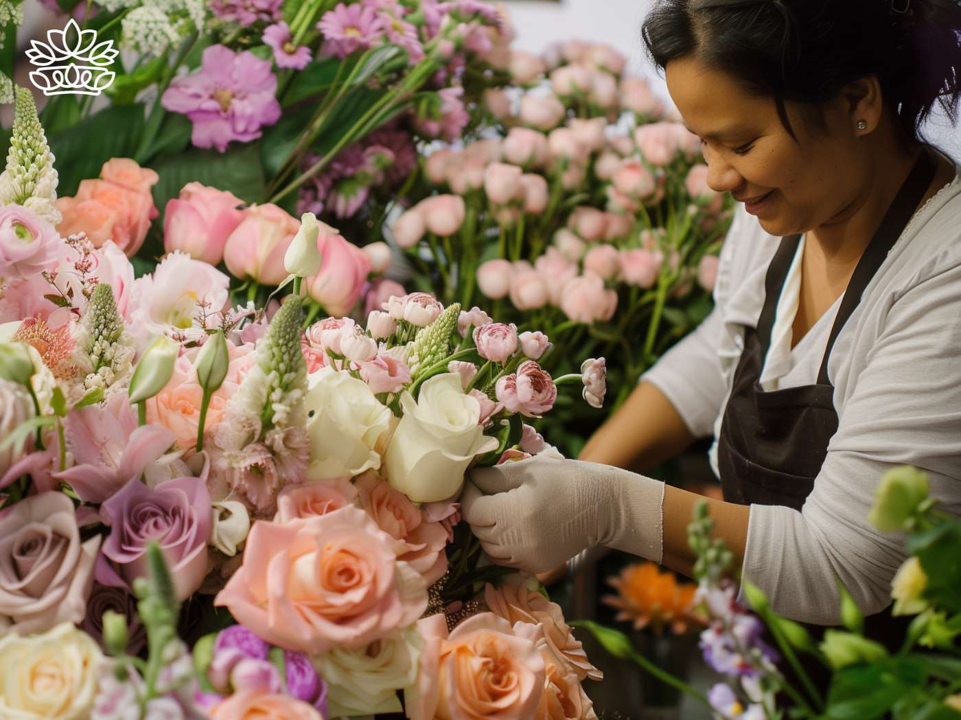 Dedicated florist carefully arranging a selection of soft pink tulips, creamy roses, and delicate lilies, creating an aura of elegance and natural beauty in a blooming flower shop—Fabulous Flowers and Gifts.