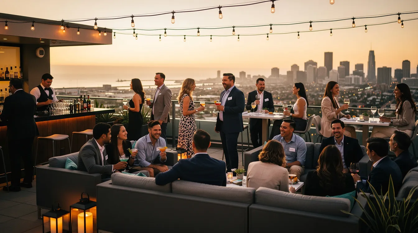 The image depicts a lively rooftop singles mixer in San Diego, where diverse attendees are mingling and enjoying drinks under the evening sky. The vibrant atmosphere, enhanced by music and city views, creates an ideal setting for singles to connect and explore potential romantic relationships.