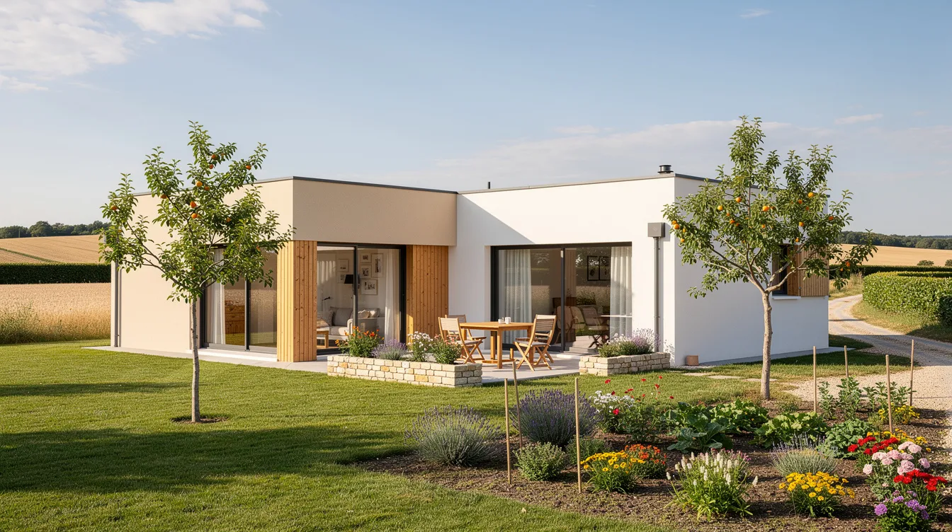 Une maison individuelle moderne se dresse dans une zone rurale française, entourée d'un jardin verdoyant. Ce logement pourrait nécessiter une micro station d'épuration pour le traitement des eaux usées, en tenant compte de l'équivalent habitant pour son dimensionnement.