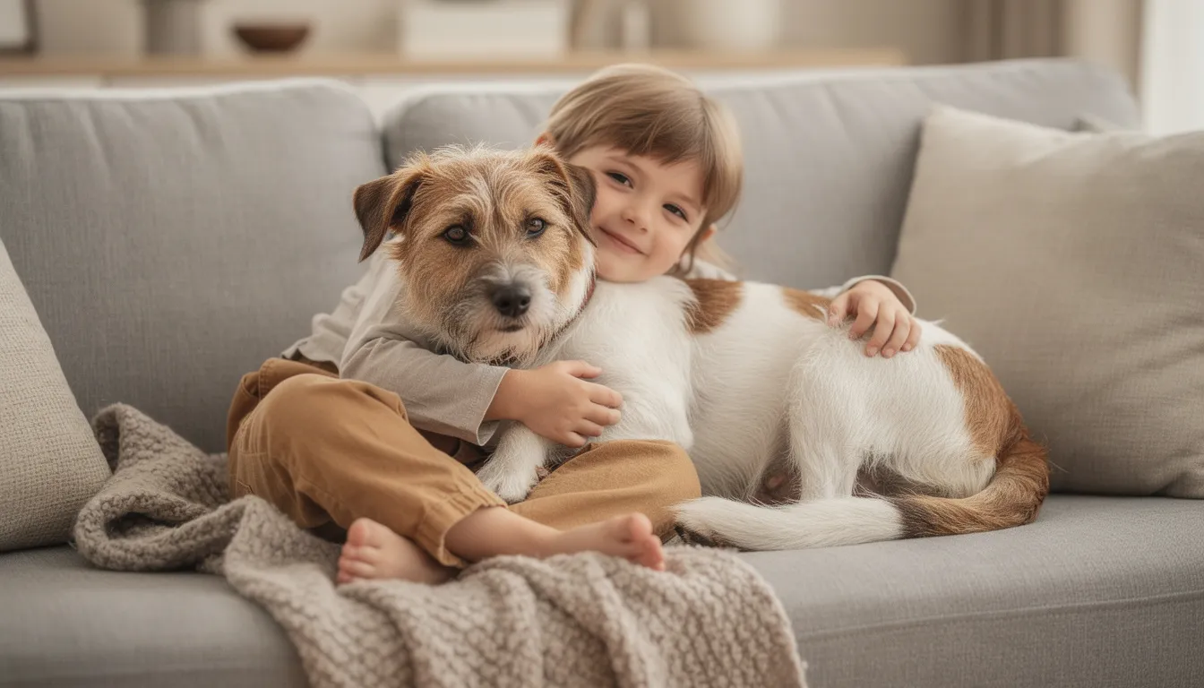 A Kromfohrlander dog with a smooth haired coat, featuring a white blaze and light brown markings, is cuddling affectionately with a child on a cozy couch. This medium-sized breed is known for its good-natured temperament, making it an excellent companion, especially for children.