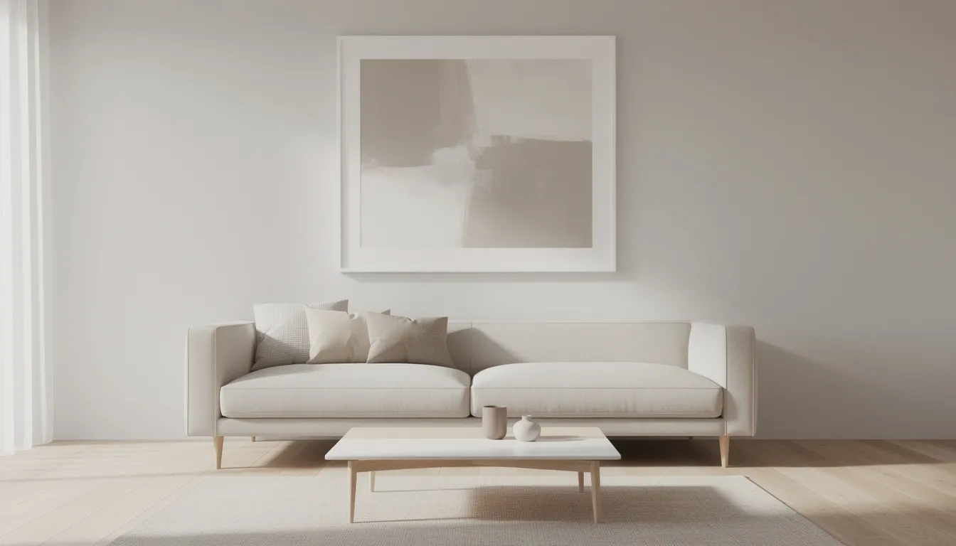 The image depicts a minimalist living room featuring a large abstract artwork in soft neutral tones as the focal point above a simple sofa. The space is designed to reduce visual clutter, with ample wall space and a clean aesthetic that enhances the living area's open feel.