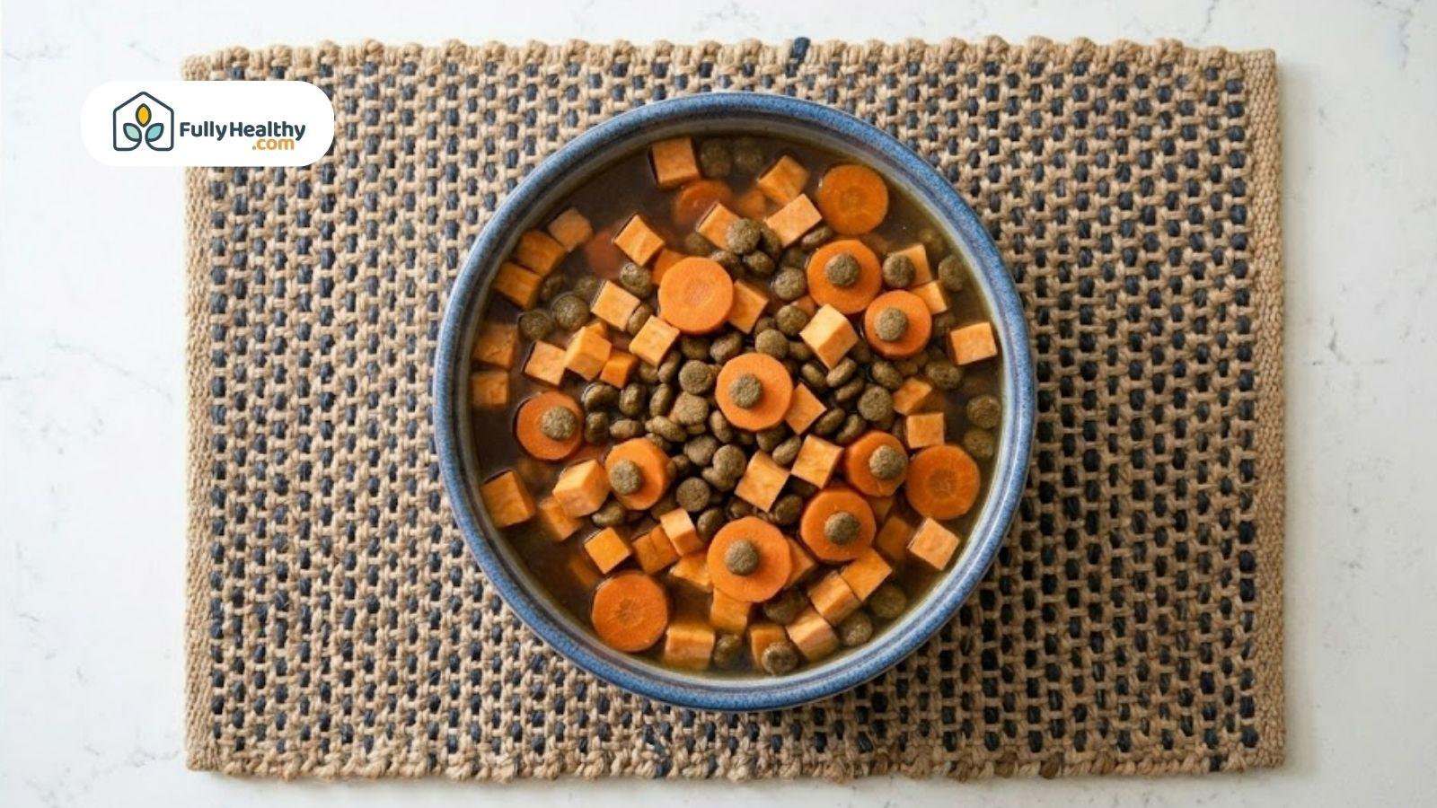 Top view of a bowl filled with kibble, carrots, and broth on a woven mat