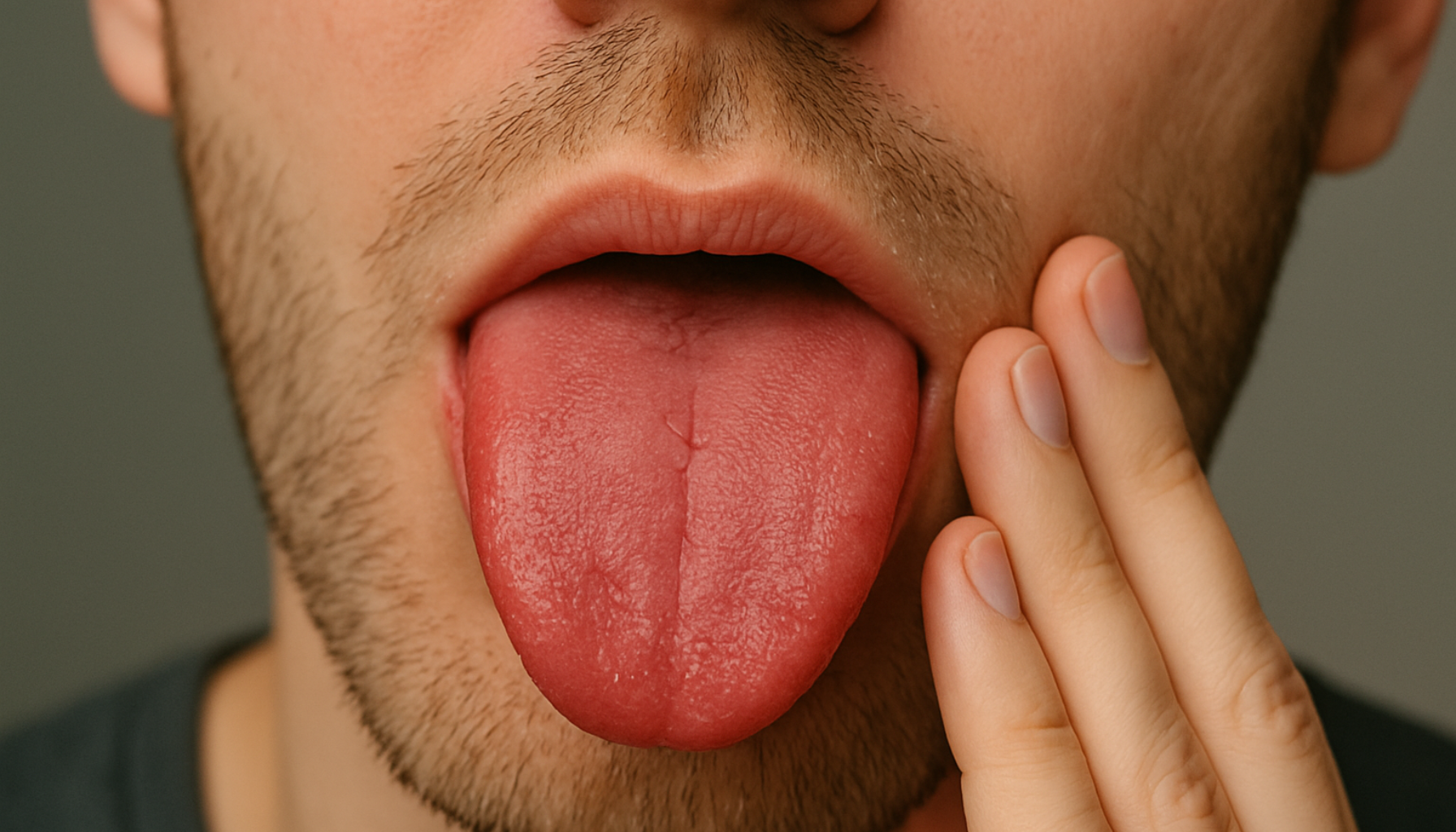 Nummen tunge: Når prikking og følelsesløshet ikke går over 12 Nærbilde av person som viser tungen mens kinnet berøres med hånden.