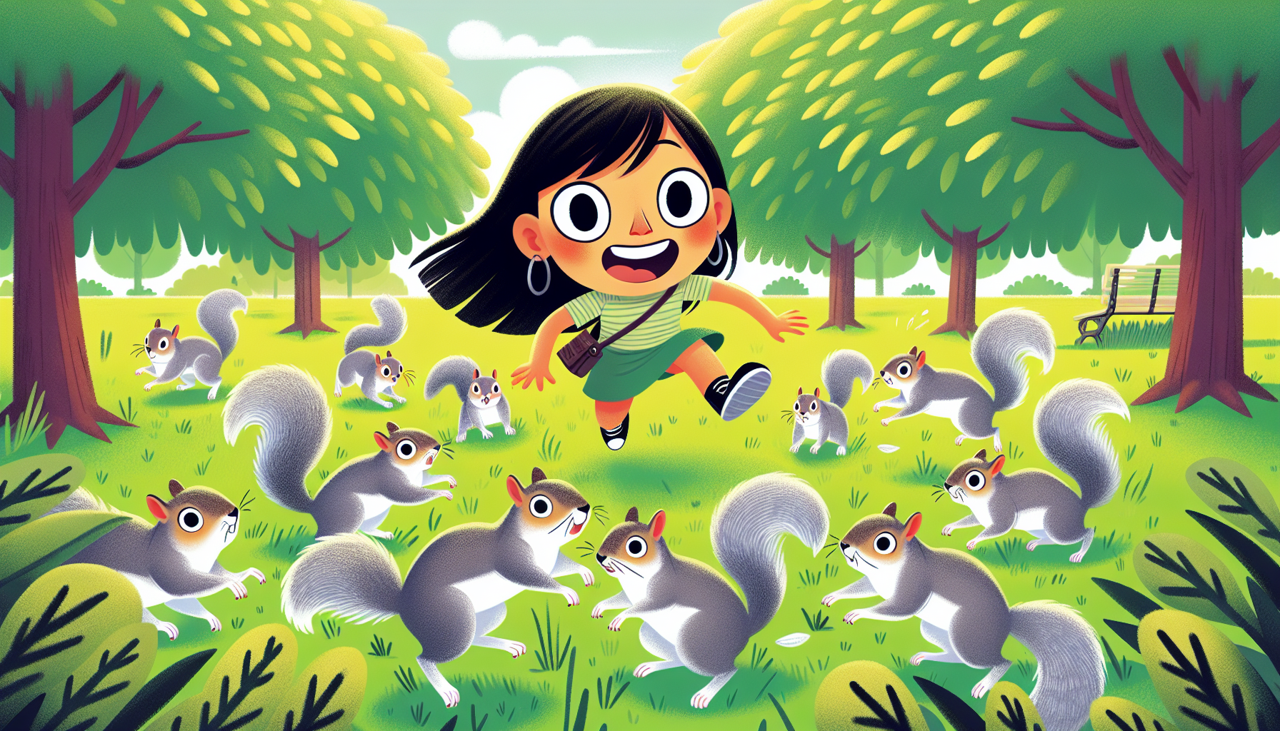 An illustration of a human being playfully attacked by squirrels.