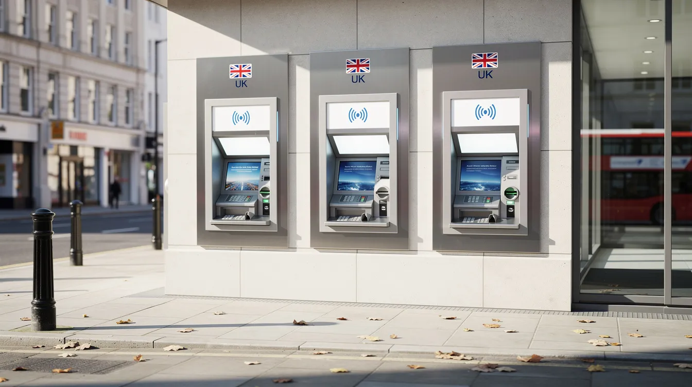 A row of modern ATM machines is situated outside a UK bank branch on a sunny day, providing customers with the ability to withdraw cash easily. These ATMs offer cardless cash withdrawal services, allowing users to access their funds using mobile banking apps like Google Pay or Apple Pay.