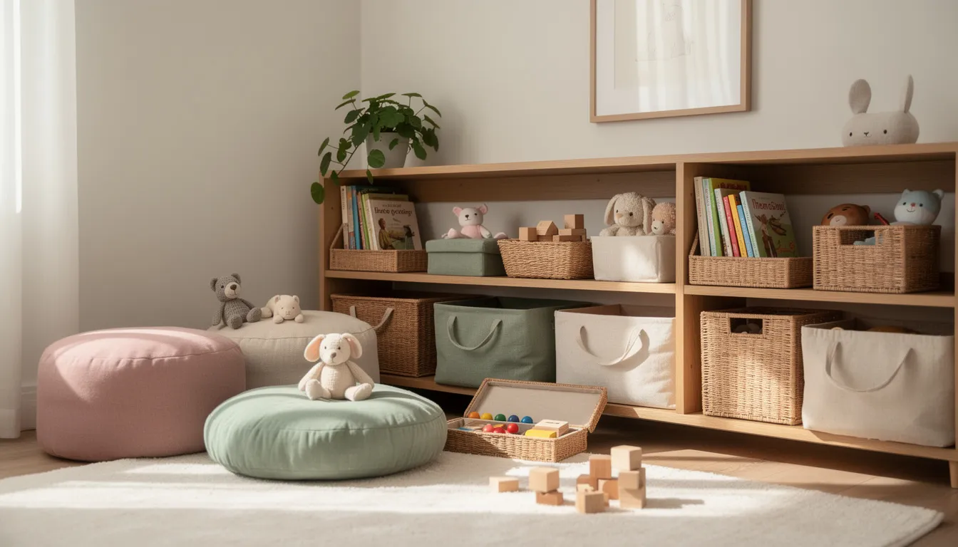 The image depicts a cozy corner filled with low wooden shelves that neatly hold organized baskets of educational toys, including wooden toys and puzzles, while soft cushions on the floor create a comfortable space for little learners to play and explore. This inviting setup encourages early learning and imaginative play for children ages 3 and up.