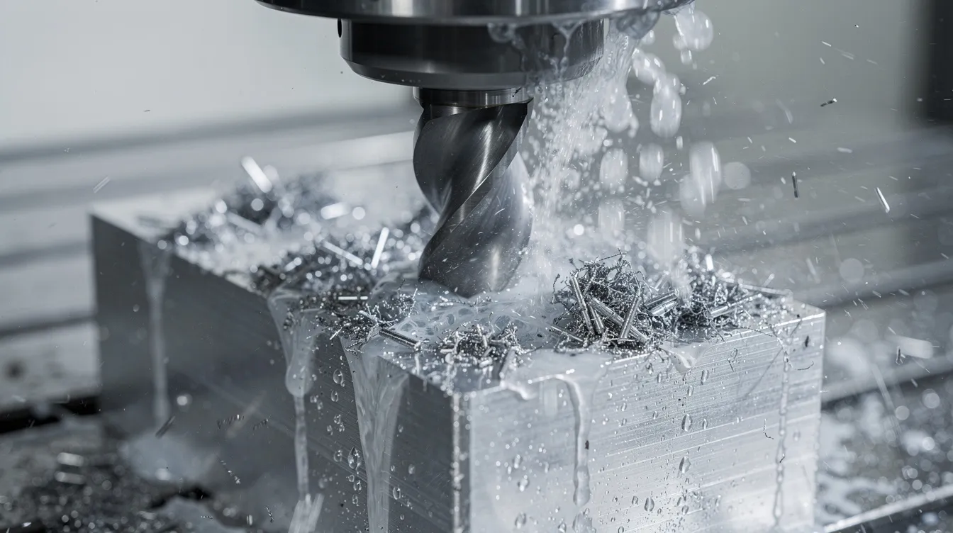 The image shows a close-up view of a CNC milling machine actively cutting into an aluminum block, with coolant spraying over the rotating cutting tool. This highlights the precision machining process involved in CNC technology, where tools are used to remove material and achieve a desired shape.