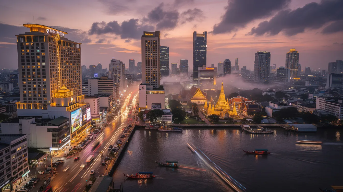 A imagem retrata a vibrante cidade de Bangkok, na Tailândia, com seus famosos templos como o Wat Phra Kaew e a movimentada vida noturna. É um destino popular para brasileiros em busca de pacotes de viagem e ofertas de voos para explorar a cultura tailandesa.