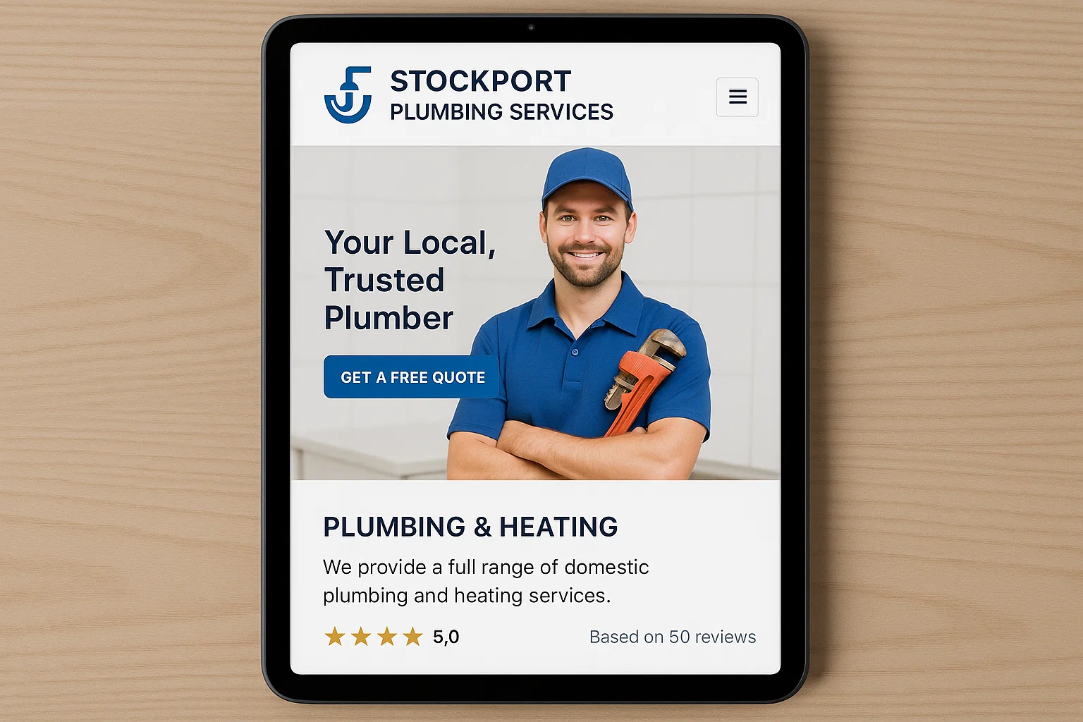 Local trades website displayed on a tablet with reviews.