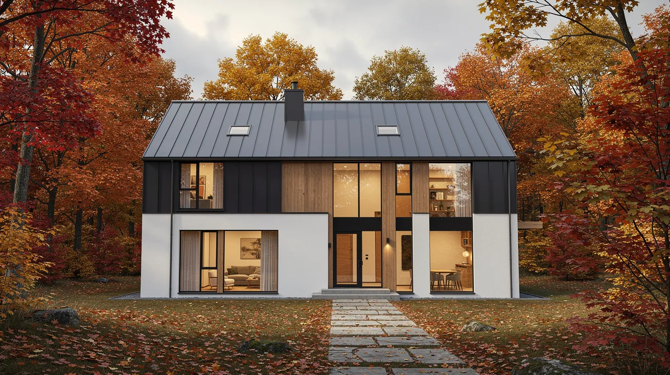 A modern house featuring a standing seam metal roof is nestled among vibrant autumn foliage, showcasing the durable and low maintenance qualities of metal roofing materials. The colorful leaves contrast beautifully with the sleek lines of the roof, emphasizing its contemporary design.