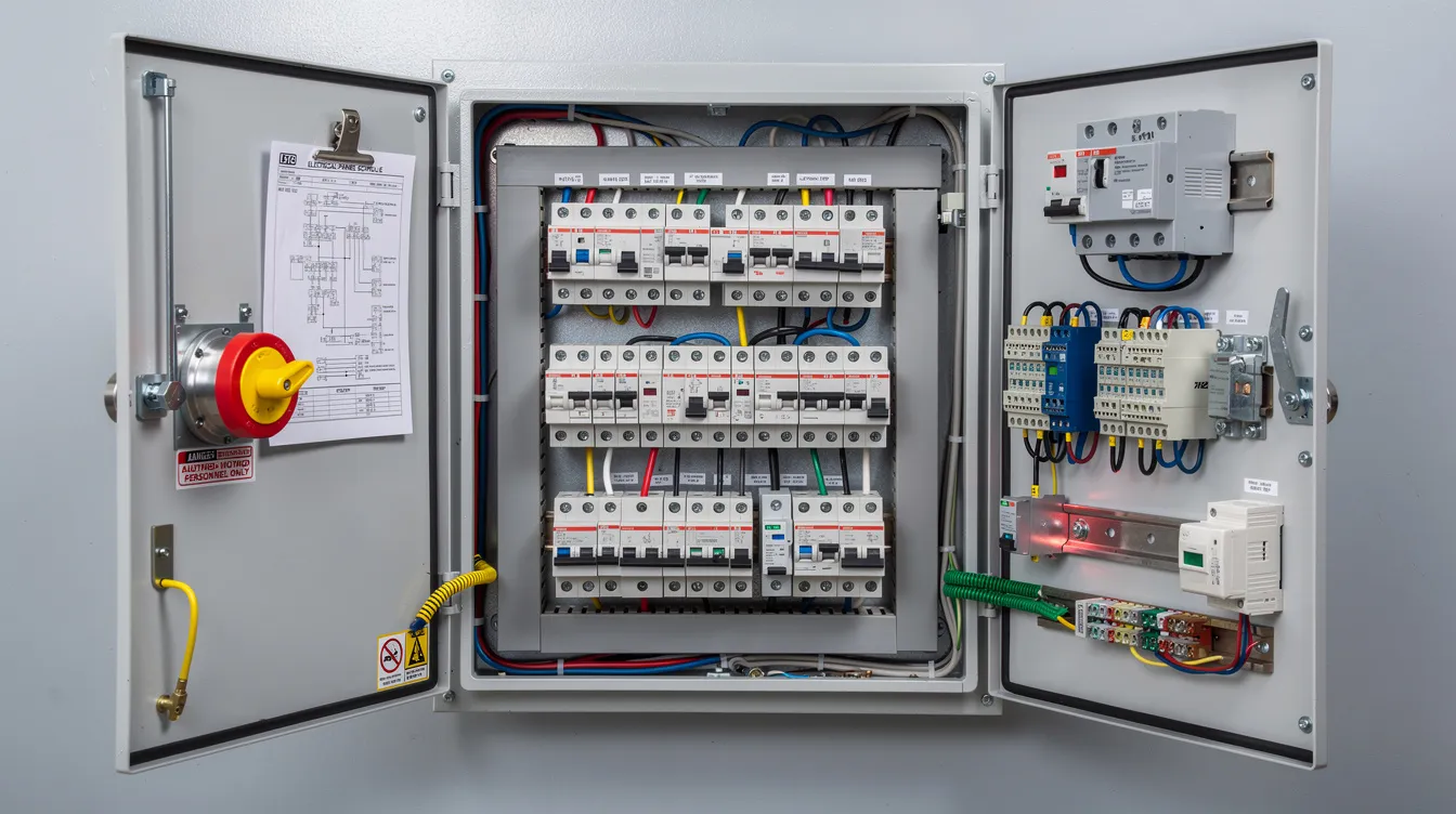 The image shows an electrical panel equipped with multiple circuit breakers and safety devices, essential for managing the electrical system in home saunas. Proper installation and adherence to local electrical codes are crucial to ensure safety and compliance for both traditional and infrared saunas.