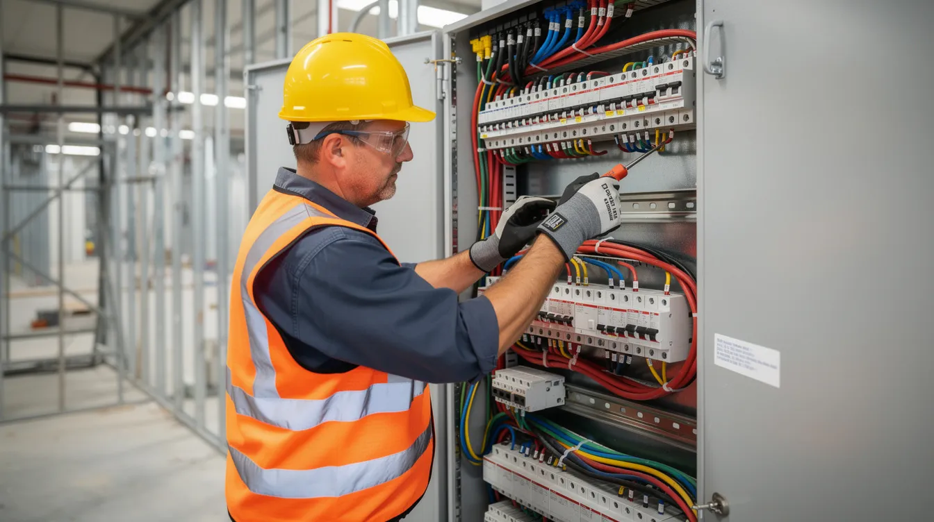 An electrician is diligently installing wiring inside a commercial electrical panel on a large construction project, showcasing the skilled craftsmanship and quality workmanship essential in the construction industry. This scene highlights the importance of training and safety in electrical work, as well as the opportunities available in construction jobs in Tennessee.