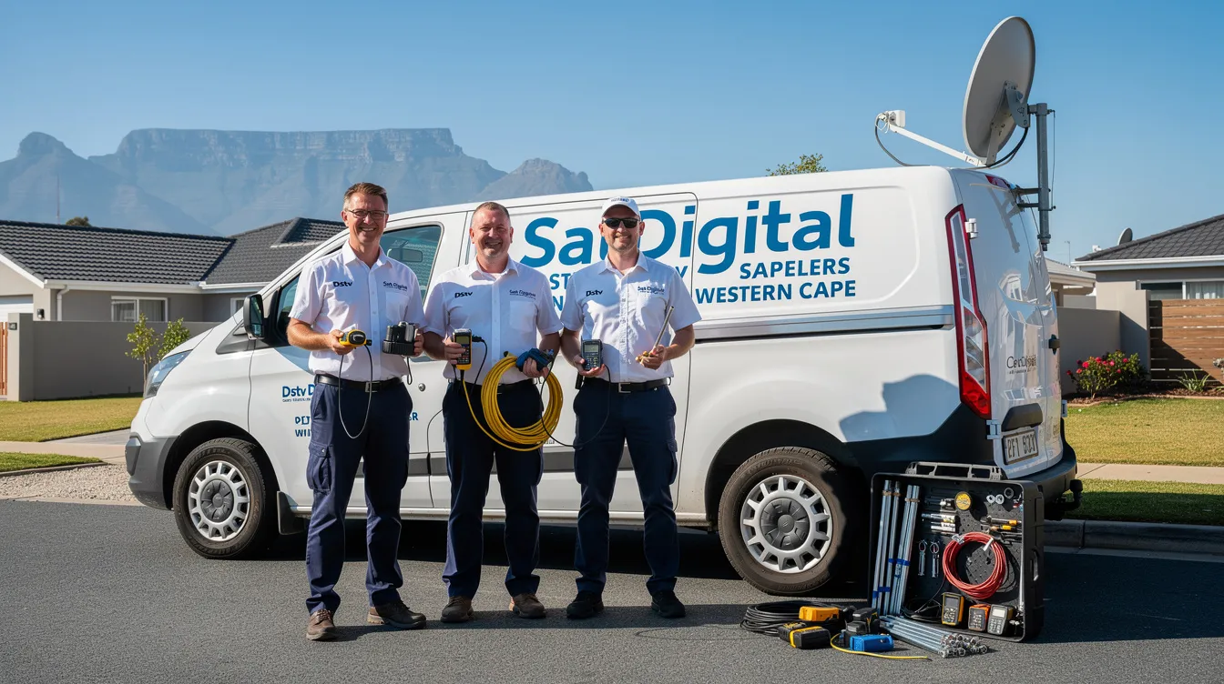 A Sat Digital DStv installation team stands beside their service vehicle, equipped with satellite equipment, ready to assist customers in Cape Town and the Western Cape. They represent the DStv subscription service, offering access to popular channels and a fun viewing environment for family members.