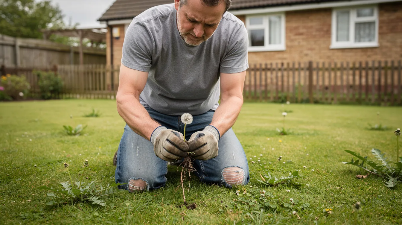 A 40-year-old male in the UK is kneeling on a well-maintained lawn, carefully removing a common perennial weed by hand. The weed has broad leaves and bright yellow flowers, indicating it may be a creeping buttercup, as he works to eliminate unwanted plants and prevent them from invading the lawn.