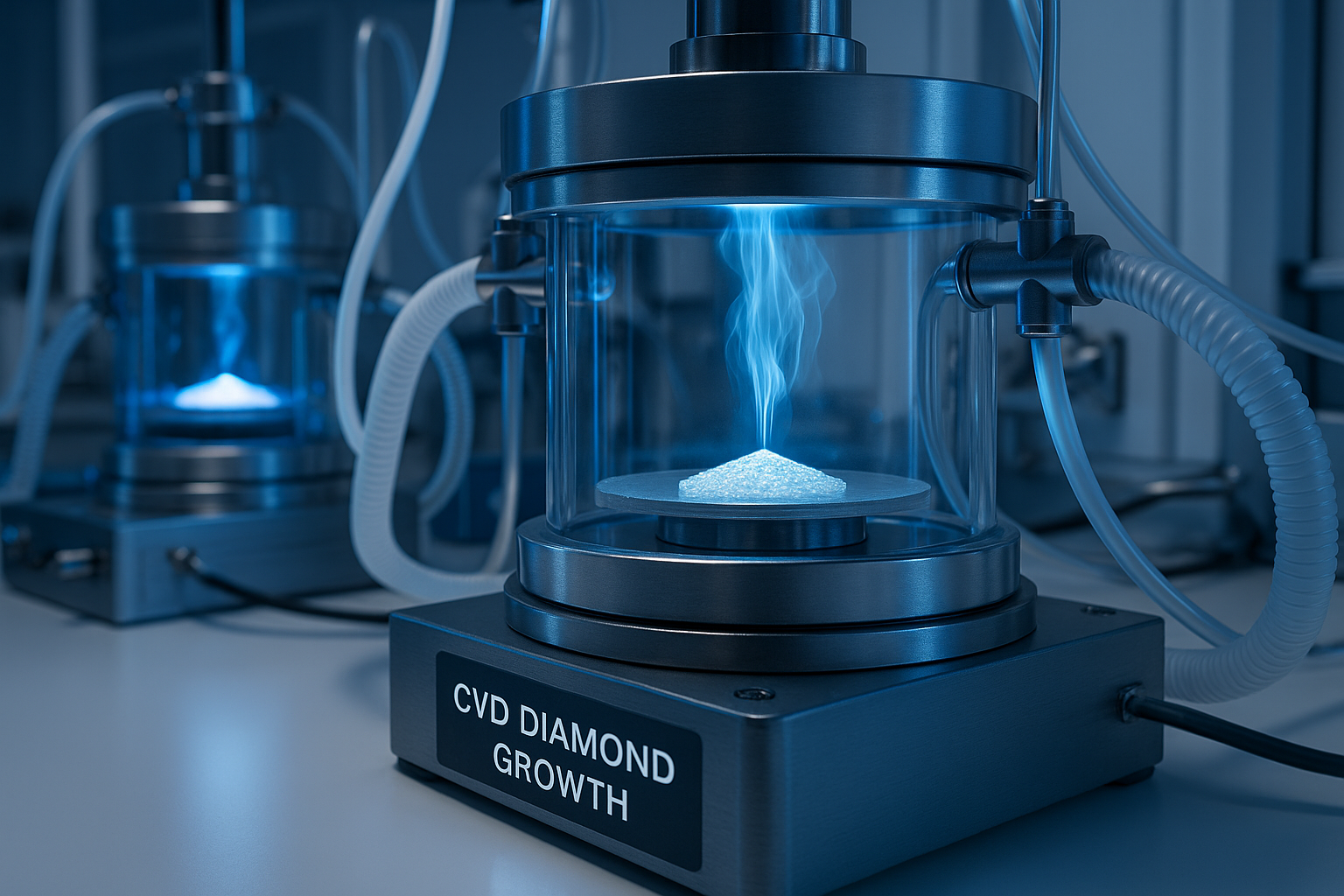 Moderni laboratorija su stikliniais reaktoriais ir mėlynais šviesos atspindžiais, kur vyksta laboratorinių deimantų auginimo procesas CVD (Chemical Vapor Deposition) metodu