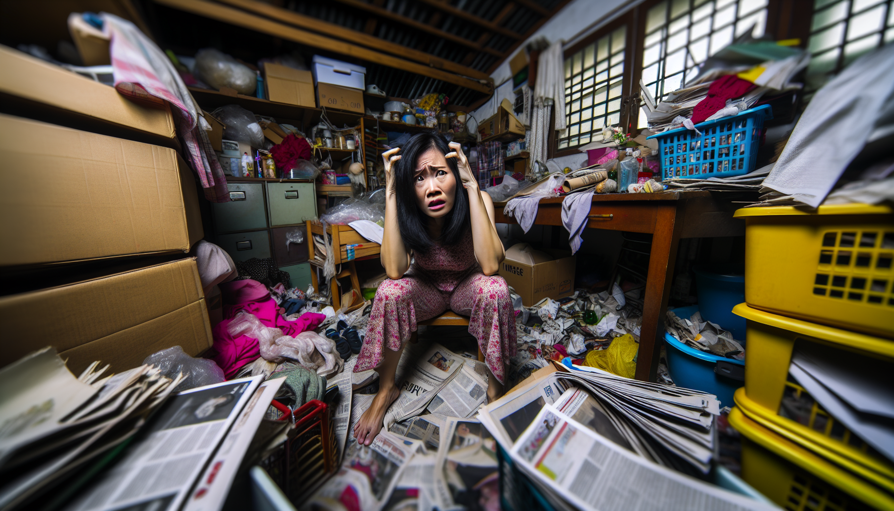 A person feeling stressed and overwhelmed while surrounded by clutter