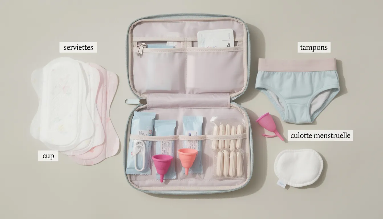 Une trousse organisée contient différents types de protections menstruelles, offrant des solutions adaptées aux femmes pour gérer leur cycle menstruel. Elle inclut des produits pour faire face à des règles irrégulières et aux changements hormonaux, contribuant ainsi à la santé et au bien-être durant les menstruations.