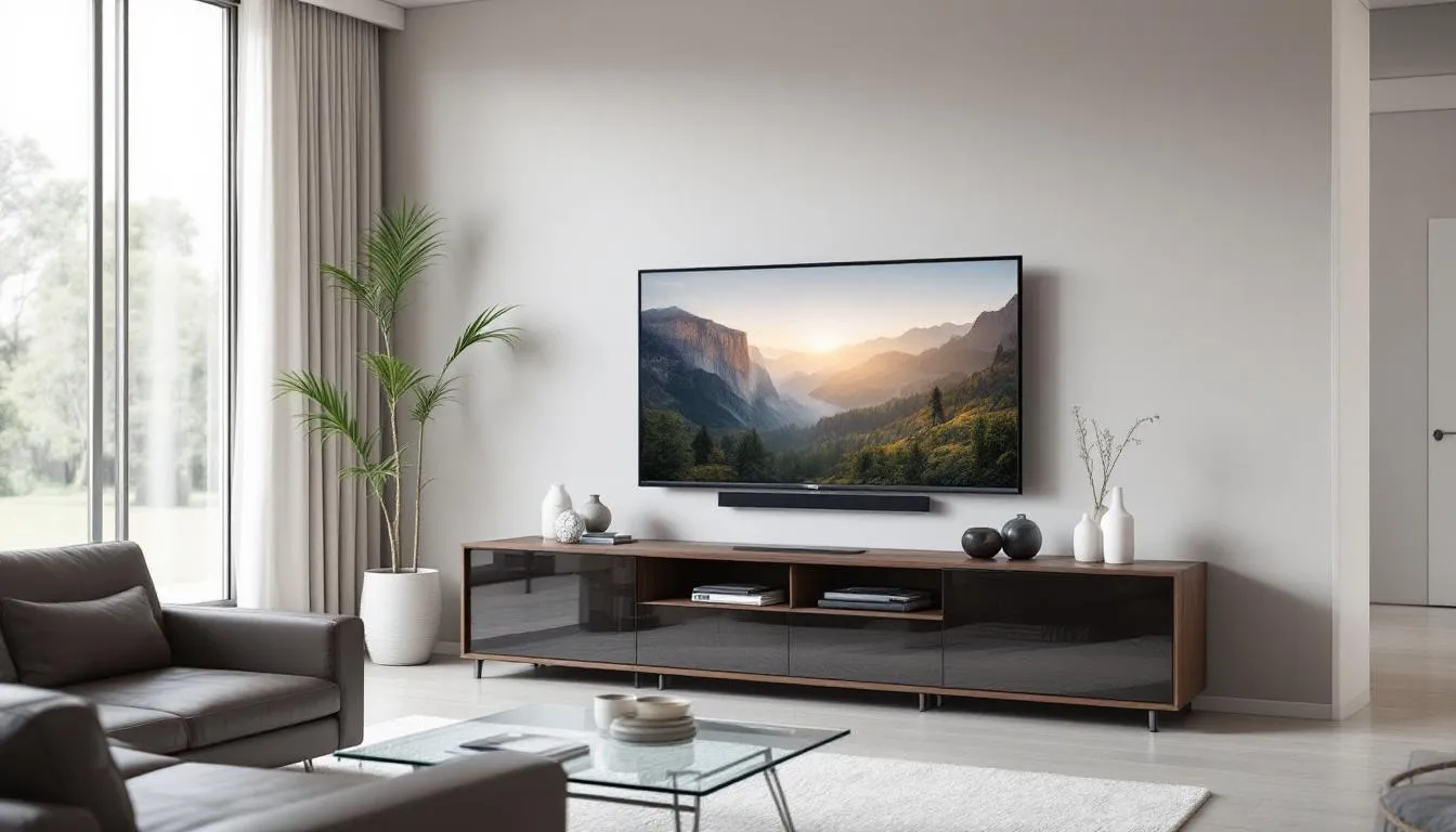 A modern 1.8m entertainment unit is showcased in a contemporary Australian living room, featuring a large TV mounted above it. The sleek design of the TV unit complements the high-quality furniture in the space, creating a stylish and functional entertainment area.