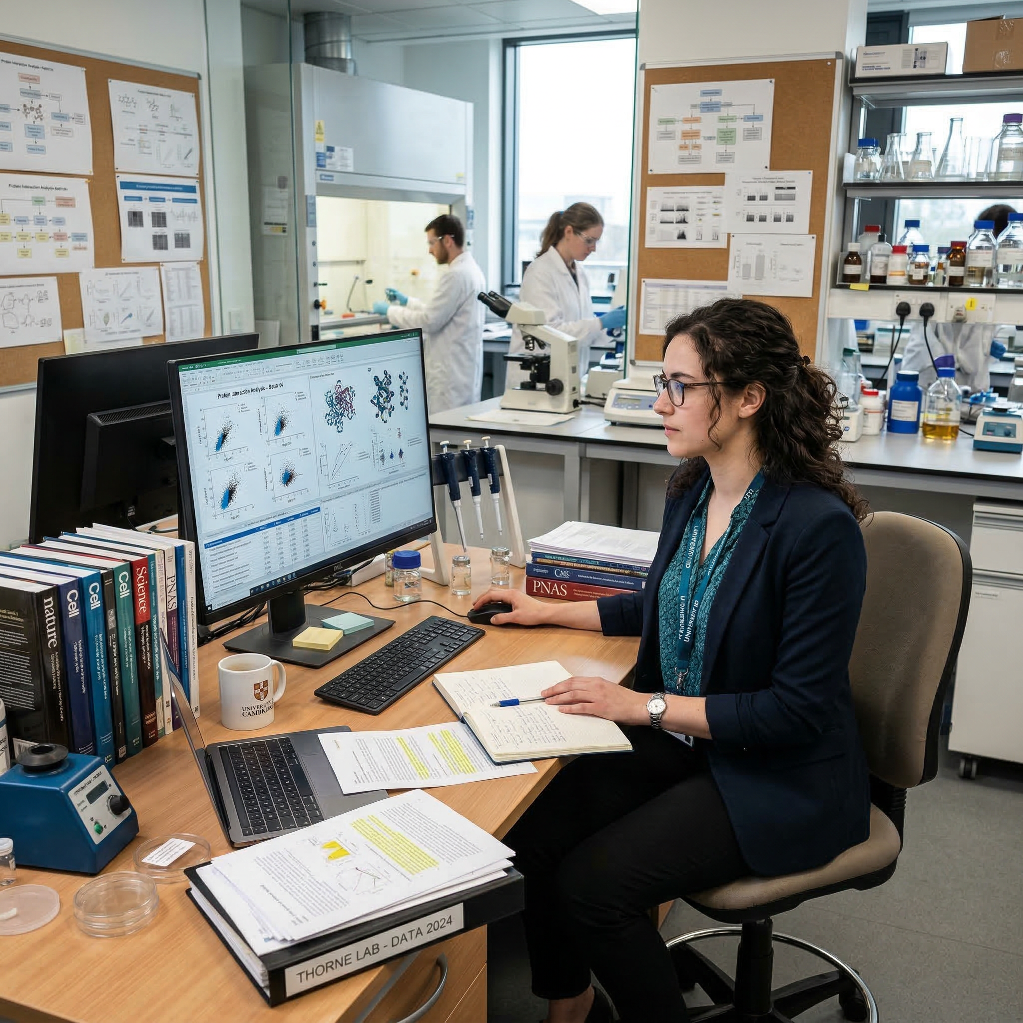 A PhD graduate working in a modern university research lab, reviewing scientific data on a computer screen surrounded by academic journals, charts, and lab equipment in a professional academic role.