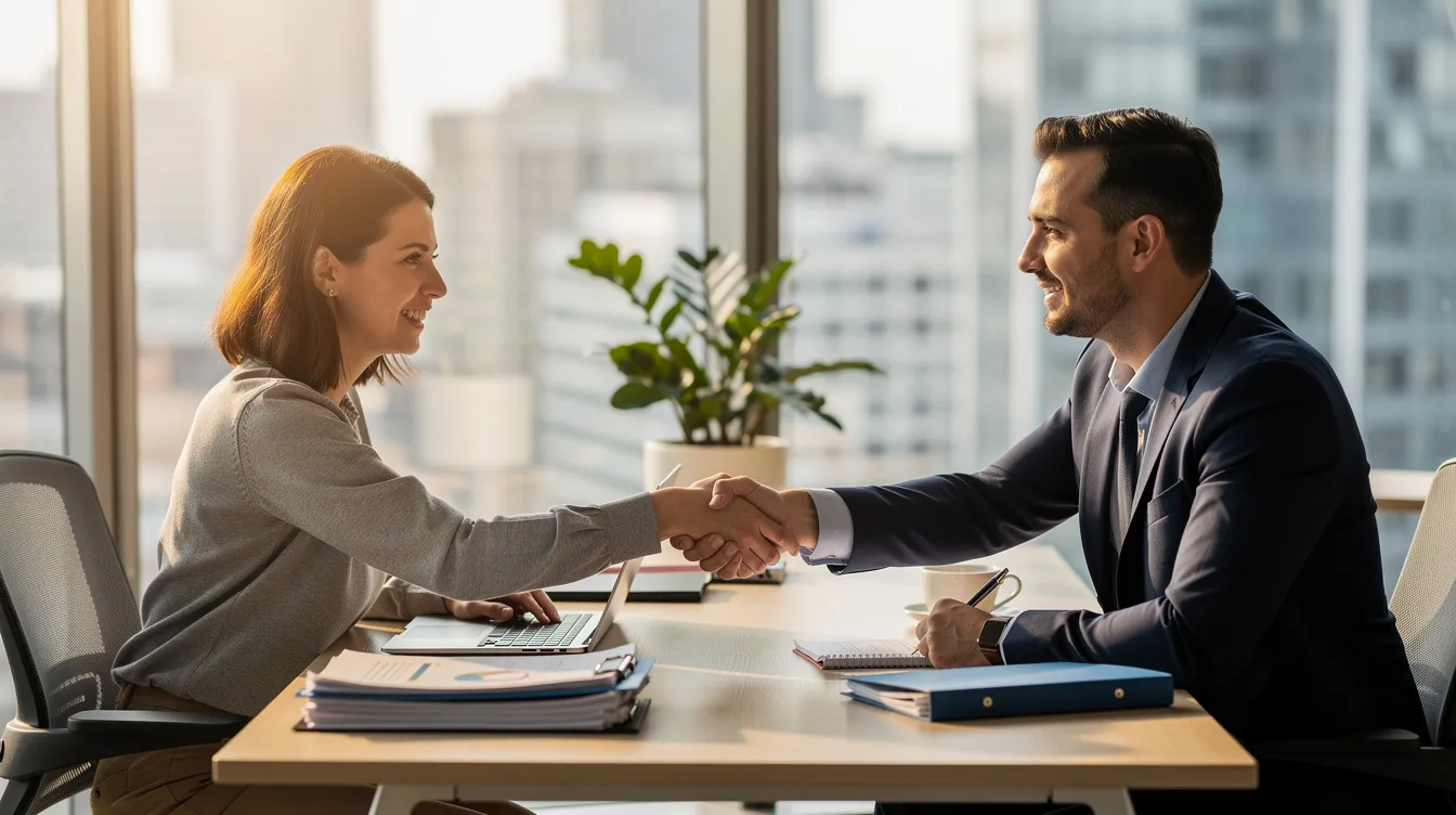 The image shows a business owner shaking hands with a professional across a desk, symbolizing a deal or agreement, possibly related to the car buying process, including discussions about insurance coverage for test drives and liability insurance. The setting suggests a professional environment, likely within a car dealership, where important business negotiations take place.