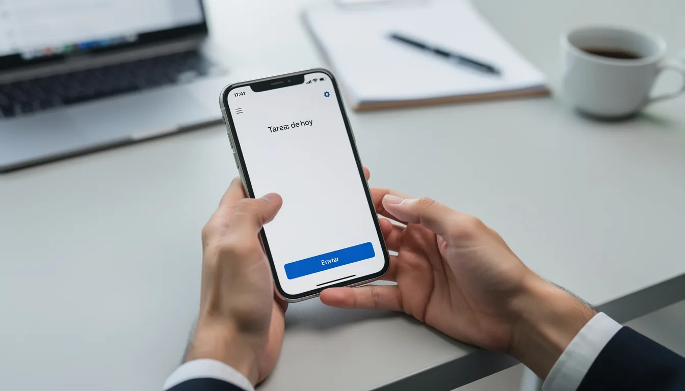 Una imagen muestra manos sosteniendo un smartphone moderno en un entorno de trabajo profesional, donde se pueden ver aplicaciones de mensajería como WhatsApp, utilizadas para la gestión de citas y la comunicación con clientes y pacientes. El dispositivo refleja la importancia de la tecnología en la atención y asistencia en el ámbito empresarial.
