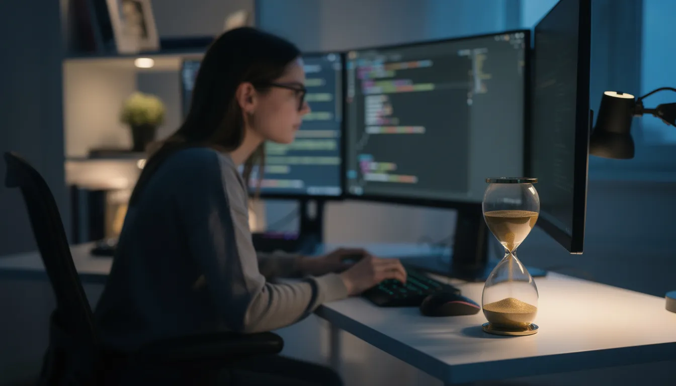 The image depicts an app developer focused on her computer screen, immersed in the coding process for mobile app development, while an hourglass beside her signifies the ongoing passage of time in the app development timeline. This scene illustrates the dedication and effort involved in creating a successful app, highlighting the importance of efficient development processes.
