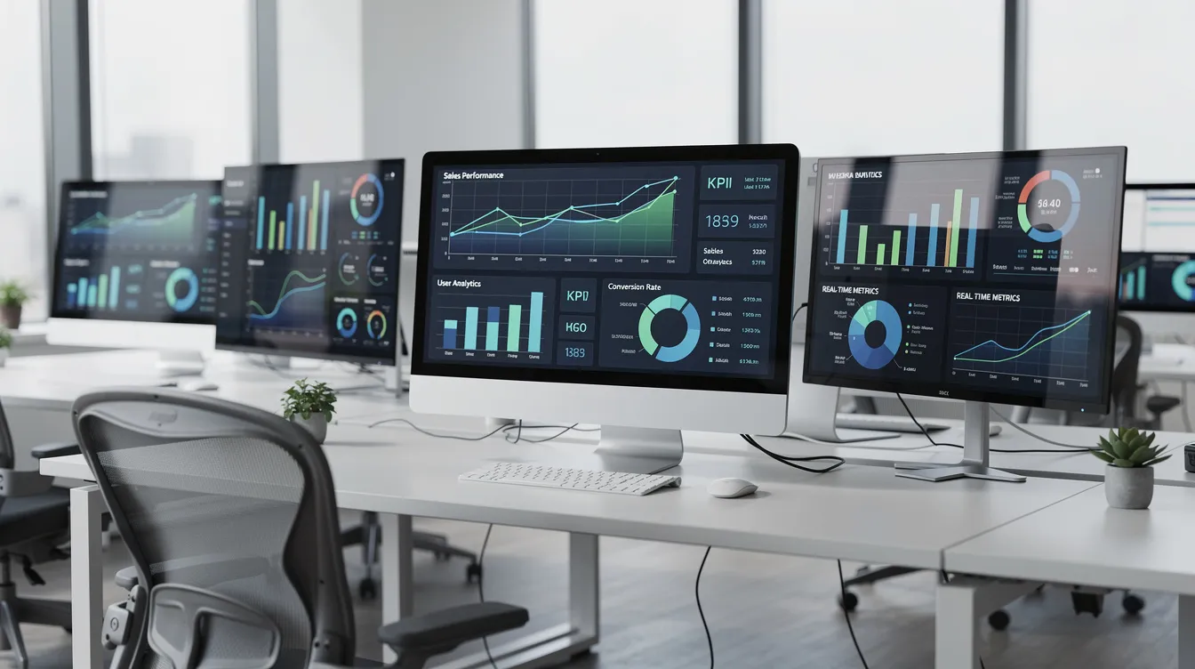 The image shows multiple computer screens in a modern office, each displaying data dashboards and analytics charts that provide actionable insights. This setup highlights the integration of AI tools and human intelligence, showcasing how businesses leverage AI systems for deeper analysis and competitive advantage.