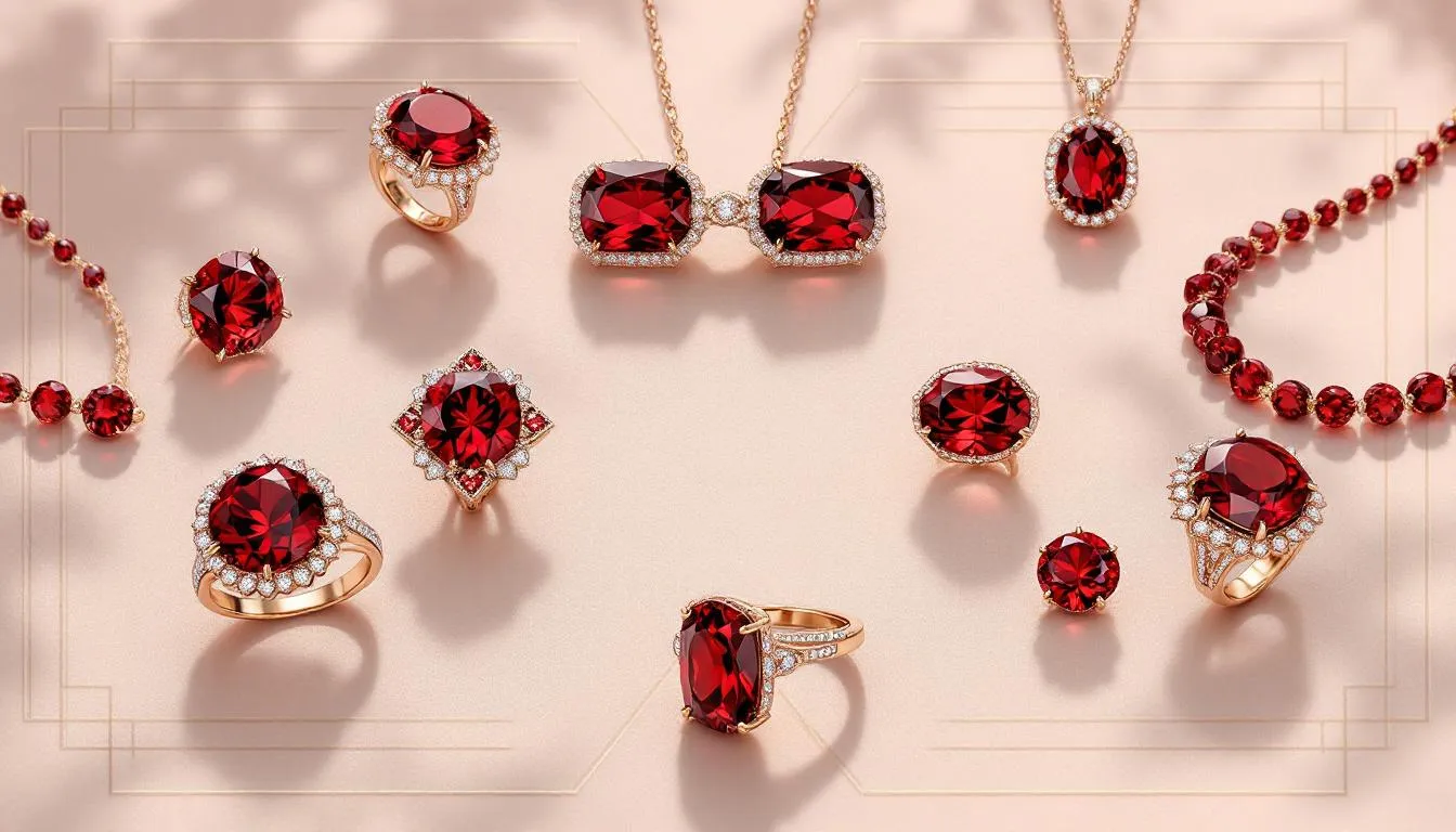 Elegant garnet jewellery pieces including rings and necklaces.
