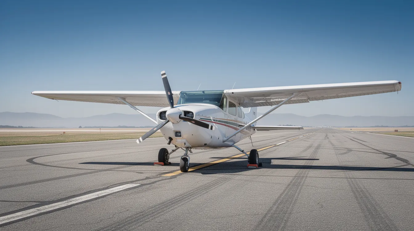 A small single-engine Cessna airplane is parked on a runway under a clear blue sky, symbolizing the beginning of flight training for aspiring pilots. This aircraft is often used for private pilot licenses and is an essential part of ground and flight training programs.