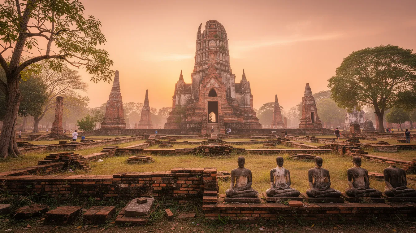 A imagem retrata as impressionantes ruínas do templo Wat Phra Si Sanphet em Ayutthaya, antiga capital do Reino do Sião, com suas torres majestosas e a vegetação ao redor, representando o rico patrimônio mundial da Tailândia. Ao fundo, é possível ver a confluência dos rios Chao Phraya e Pa Sak, que complementam a atmosfera histórica da cidade.
